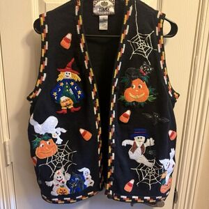 Tiara International Halloween Pumpkins Ghosts Cat Witch Sweater Vest Size Medium